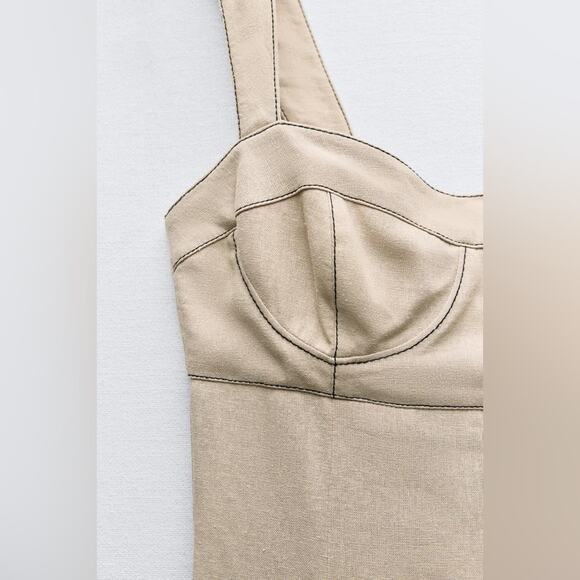 ZARA CONTRAST TOPSTITCHING CORSET LINEN BLEND JUMPSUIT - Picture 3 of 14